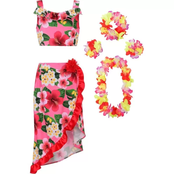 imageReliBeauty Hawaiian Skirt Costume for Girls Red Flowers 6 Piece Kit