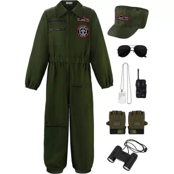 imageFighter Pilot Costume for Kids Air Force Flight Suit Dress Up Halloween Career DayGreenwith Accessories