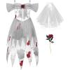 imageReliBeauty Ghost Zombie Bride Costume for Girls with Veil and FlowerWhite