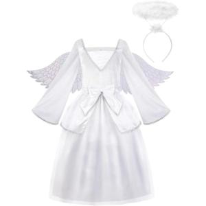 imageReliBeauty Angel Costume for Kids White Fancy Princess Tulle Dress with Wings and Halo