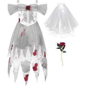 imageReliBeauty Ghost Zombie Bride Costume for Girls with Veil and FlowerWhite