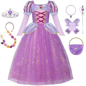 imageReliBeauty Princess Dress up for Girls Puff Sleeves Princess Costume with Accessories PurplePurple