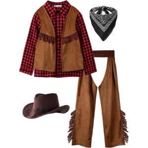 imageReliBeauty Kids Cowboy Costume for Boys Cosplay Costumes Birthday Party Christmas Halloween Dress up Gift for Kids 4 SetsRed