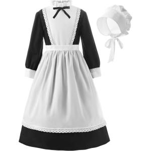imageReliBeauty Pilgrim Costume for Girls Colonial Girl Costume Dress Round neckline