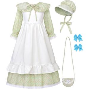 imageReliBeauty Pioneer Girl Costume with Accessories Prairie Dress Girls GreenGreen