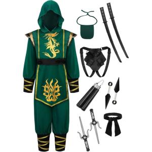 image:imageReliBeauty Green Ninja Kids Costume for Boys suit with Deluxe Ninja Accessories