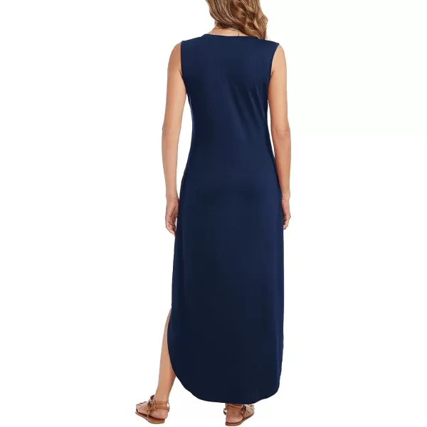 Arolina Maxi Dress for Women Tropical Summer V Neck Sleeveless Split Long Beach Dresses Casual Loose Sundress with PocketsA Drak Blue