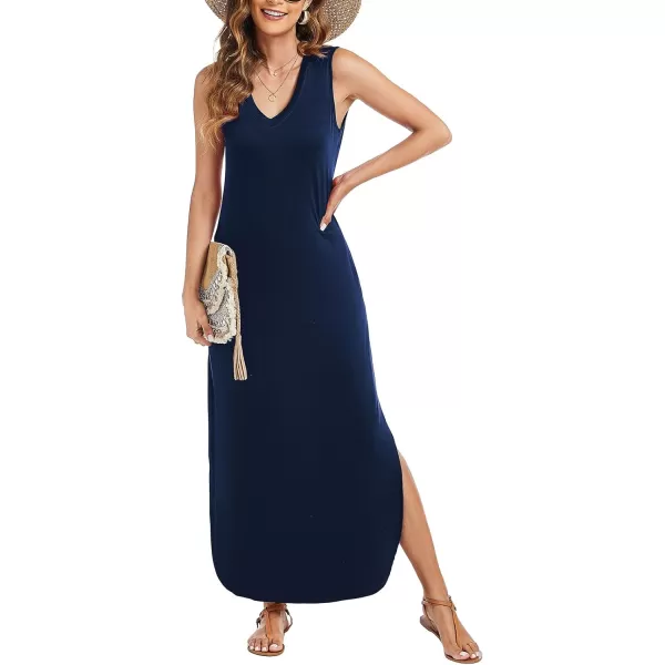 Arolina Maxi Dress for Women Tropical Summer V Neck Sleeveless Split Long Beach Dresses Casual Loose Sundress with PocketsA Drak Blue