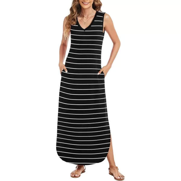 Arolina Maxi Dress for Women Tropical Summer V Neck Sleeveless Split Long Beach Dresses Casual Loose Sundress with PocketsB Black Striped