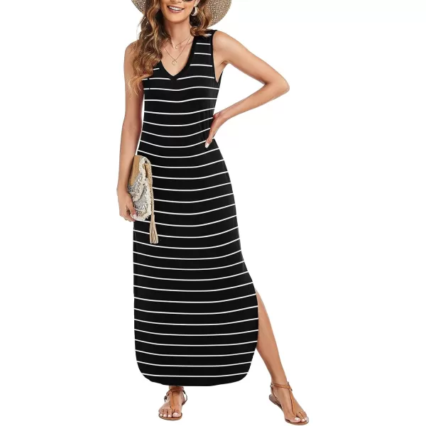 Arolina Maxi Dress for Women Tropical Summer V Neck Sleeveless Split Long Beach Dresses Casual Loose Sundress with PocketsB Black Striped