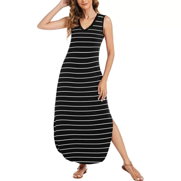 Arolina Maxi Dress for Women Tropical Summer V Neck Sleeveless Split Long Beach Dresses Casual Loose Sundress with PocketsB Black Striped