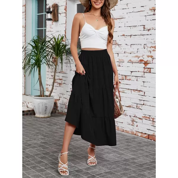 Arolina Maxi Skirt for Women Summer Boho Elastic High Waist Pleated ALine Flowy Ruffle Swing Tiered Long Beach Skirt Dress BlackBlack