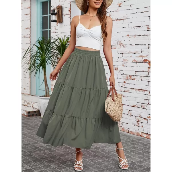 Arolina Maxi Skirt for Women Summer Boho Elastic High Waist Pleated ALine Flowy Ruffle Swing Tiered Long Beach Skirt Dress BlackGreen