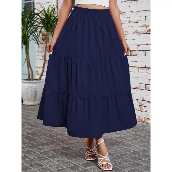 Arolina Maxi Skirt for Women Summer Boho Elastic High Waist Pleated ALine Flowy Ruffle Swing Tiered Long Beach Skirt Dress BlackNavyblue