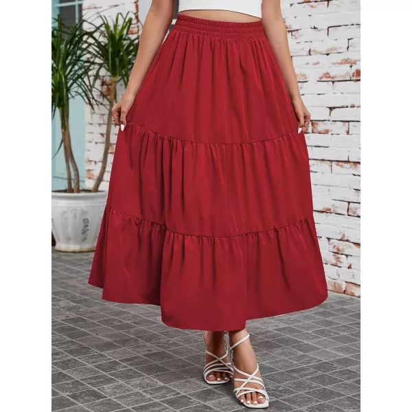 Arolina Maxi Skirt for Women Summer Boho Elastic High Waist Pleated ALine Flowy Ruffle Swing Tiered Long Beach Skirt Dress BlackRed