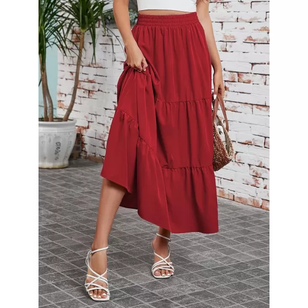 Arolina Maxi Skirt for Women Summer Boho Elastic High Waist Pleated ALine Flowy Ruffle Swing Tiered Long Beach Skirt Dress BlackRed