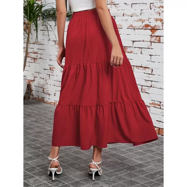 Arolina Maxi Skirt for Women Summer Boho Elastic High Waist Pleated ALine Flowy Ruffle Swing Tiered Long Beach Skirt Dress BlackRed