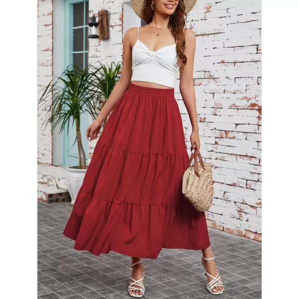 Arolina Maxi Skirt for Women Summer Boho Elastic High Waist Pleated ALine Flowy Ruffle Swing Tiered Long Beach Skirt Dress BlackRed