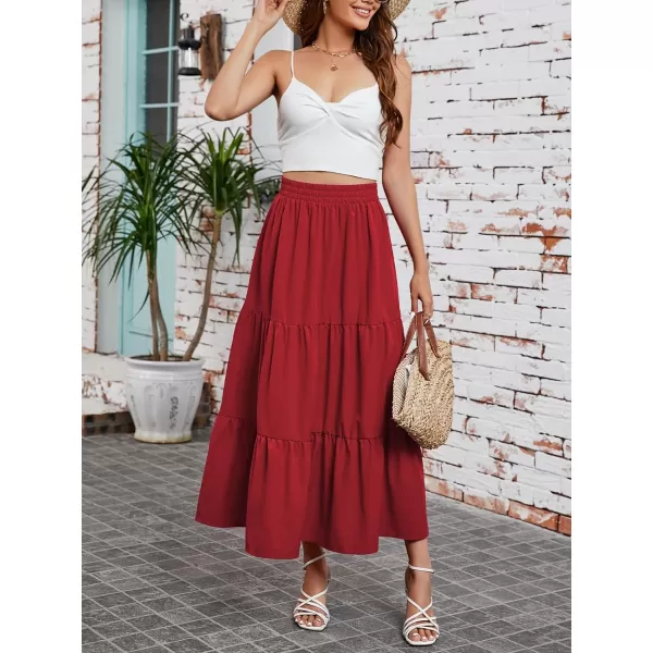 Arolina Maxi Skirt for Women Summer Boho Elastic High Waist Pleated ALine Flowy Ruffle Swing Tiered Long Beach Skirt Dress BlackRed