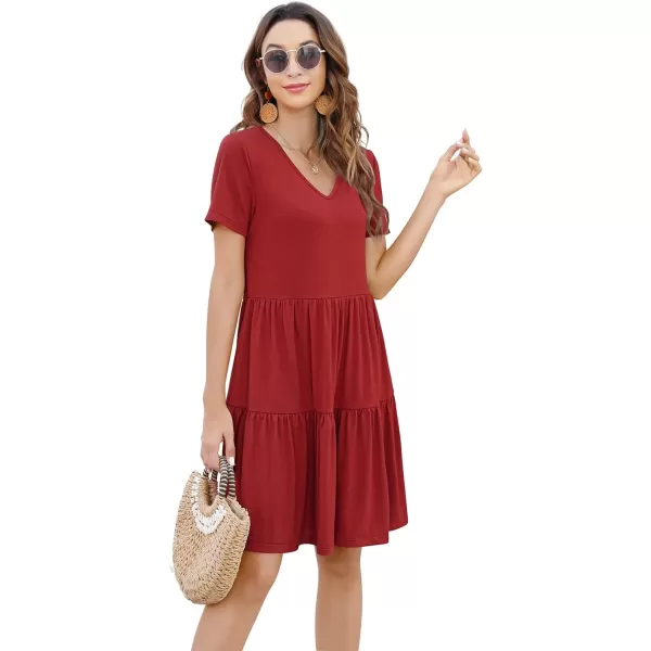 Arolina Womens Casual Swing Shift Dress Summer V Neck Short Sleeve Babydoll Ruffle Dress Tunic DressA Red