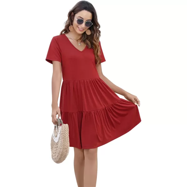 Arolina Womens Casual Swing Shift Dress Summer V Neck Short Sleeve Babydoll Ruffle Dress Tunic DressA Red