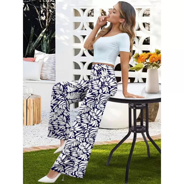 Arolina Womens Stretchy Wide Leg Palazzo Lounge Pants Casual Comfy High Waist Palazzo PantsBeige Leaves Blue