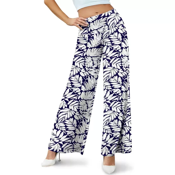 Arolina Womens Stretchy Wide Leg Palazzo Lounge Pants Casual Comfy High Waist Palazzo PantsBeige Leaves Blue