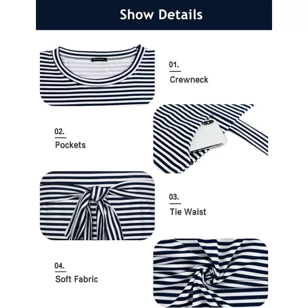 Arolina Womens Summer Short Sleeve Striped T Shirt Dress Casual Midi Dresses Crewneck Tie Waist with PocketsStripe Navy