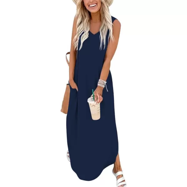 Arolina Maxi Dress for Women Tropical Summer V Neck Sleeveless Split Long Beach Dresses Casual Loose Sundress with PocketsA Drak Blue