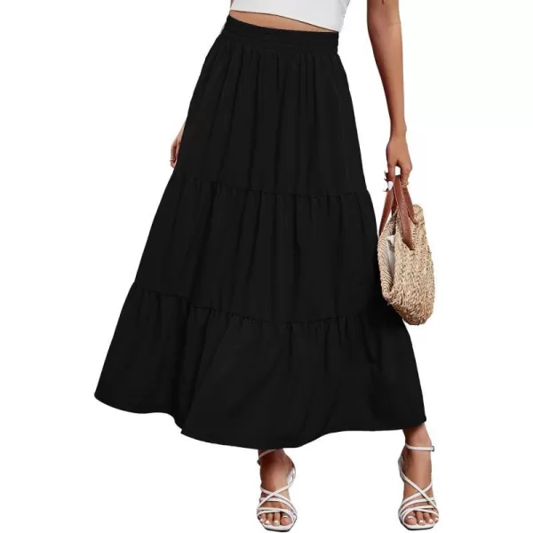 Arolina Maxi Skirt for Women Summer Boho Elastic High Waist Pleated ALine Flowy Ruffle Swing Tiered Long Beach Skirt Dress BlackBlack