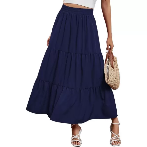 Arolina Maxi Skirt for Women Summer Boho Elastic High Waist Pleated ALine Flowy Ruffle Swing Tiered Long Beach Skirt Dress BlackNavyblue