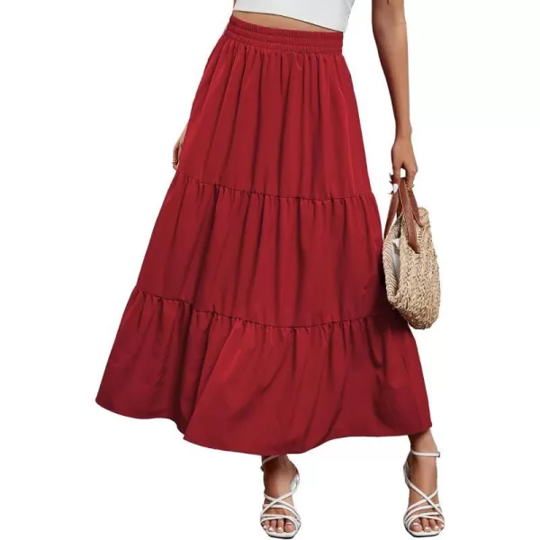 Arolina Maxi Skirt for Women Summer Boho Elastic High Waist Pleated ALine Flowy Ruffle Swing Tiered Long Beach Skirt Dress BlackRed