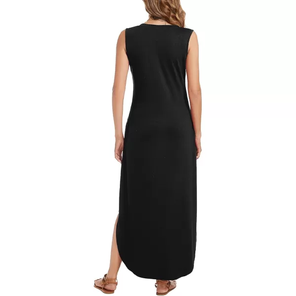 Arolina Maxi Dress for Women Tropical Summer V Neck Sleeveless Split Long Beach Dresses Casual Loose Sundress with PocketsA Black