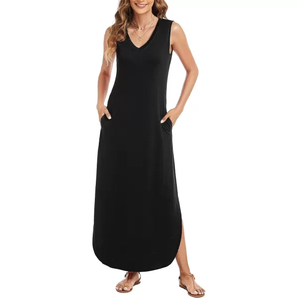 Arolina Maxi Dress for Women Tropical Summer V Neck Sleeveless Split Long Beach Dresses Casual Loose Sundress with PocketsA Black