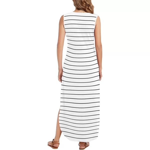 Arolina Maxi Dress for Women Tropical Summer V Neck Sleeveless Split Long Beach Dresses Casual Loose Sundress with PocketsB Whitestriped