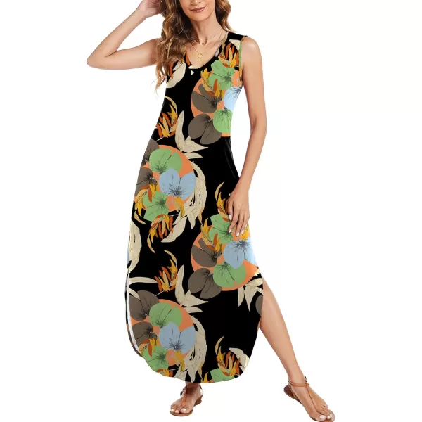 Arolina Maxi Dress for Women Tropical Summer V Neck Sleeveless Split Long Beach Dresses Casual Loose Sundress with PocketsBluegreenleaves