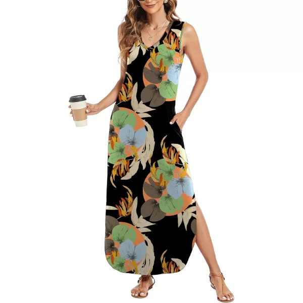 Arolina Maxi Dress for Women Tropical Summer V Neck Sleeveless Split Long Beach Dresses Casual Loose Sundress with PocketsBluegreenleaves