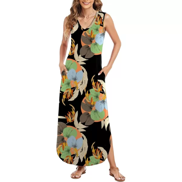 Arolina Maxi Dress for Women Tropical Summer V Neck Sleeveless Split Long Beach Dresses Casual Loose Sundress with PocketsBluegreenleaves
