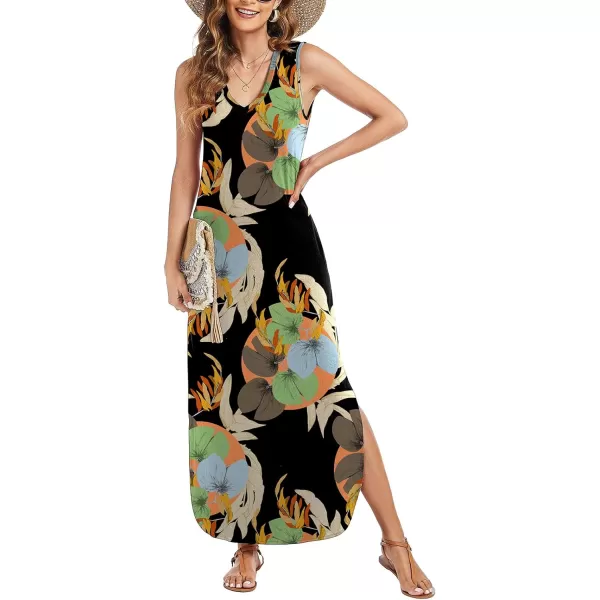 Arolina Maxi Dress for Women Tropical Summer V Neck Sleeveless Split Long Beach Dresses Casual Loose Sundress with PocketsBluegreenleaves