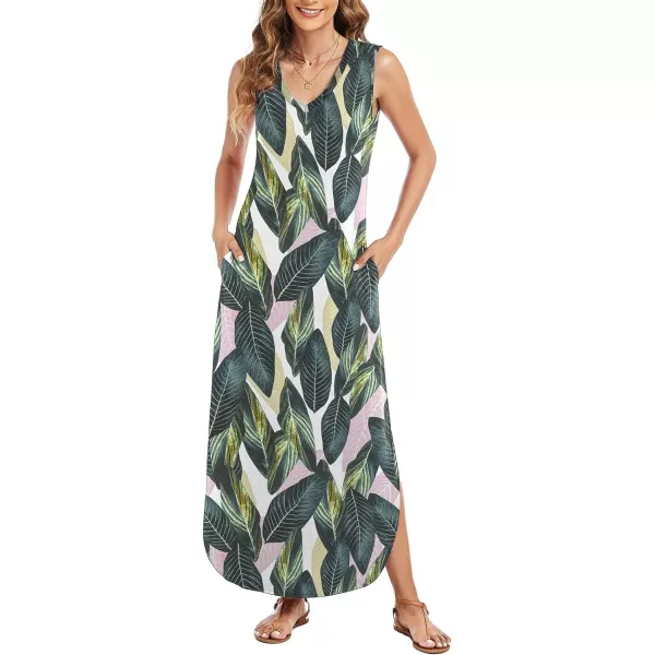 Arolina Maxi Dress for Women Tropical Summer V Neck Sleeveless Split Long Beach Dresses Casual Loose Sundress with PocketsLeafprint