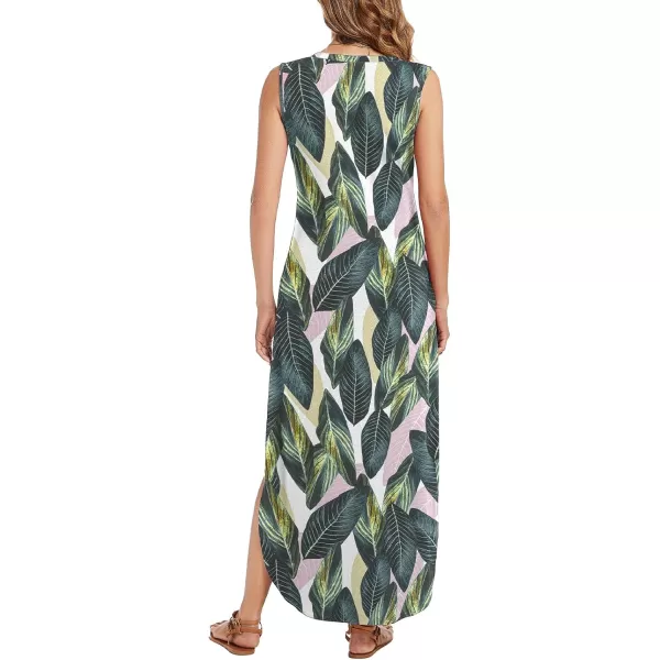 Arolina Maxi Dress for Women Tropical Summer V Neck Sleeveless Split Long Beach Dresses Casual Loose Sundress with PocketsLeafprint