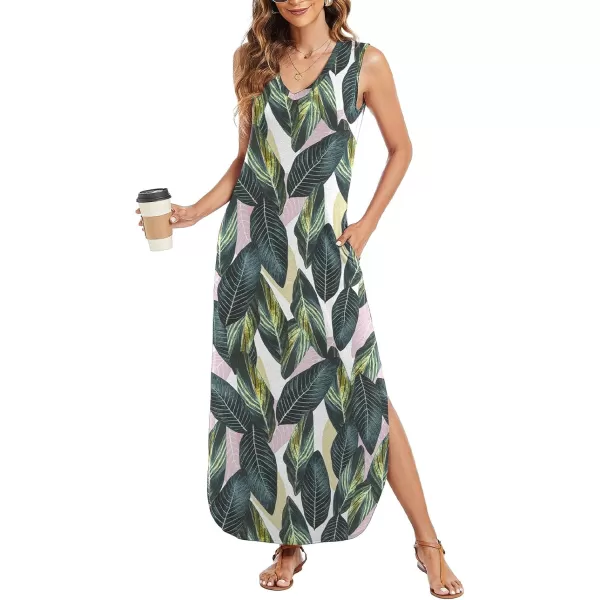 Arolina Maxi Dress for Women Tropical Summer V Neck Sleeveless Split Long Beach Dresses Casual Loose Sundress with PocketsLeafprint