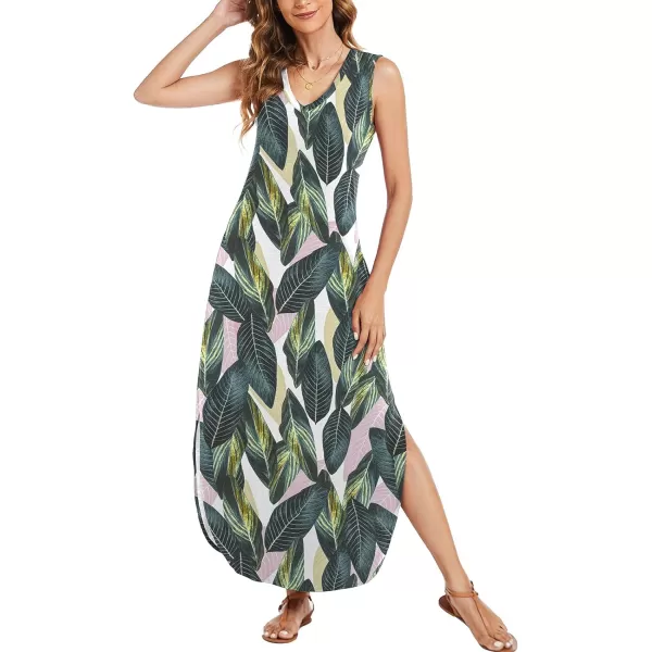 Arolina Maxi Dress for Women Tropical Summer V Neck Sleeveless Split Long Beach Dresses Casual Loose Sundress with PocketsLeafprint