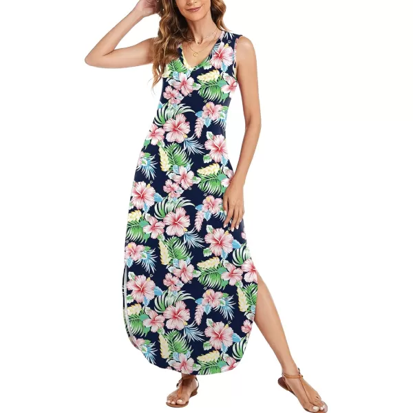 Arolina Maxi Dress for Women Tropical Summer V Neck Sleeveless Split Long Beach Dresses Casual Loose Sundress with PocketsMorningglory