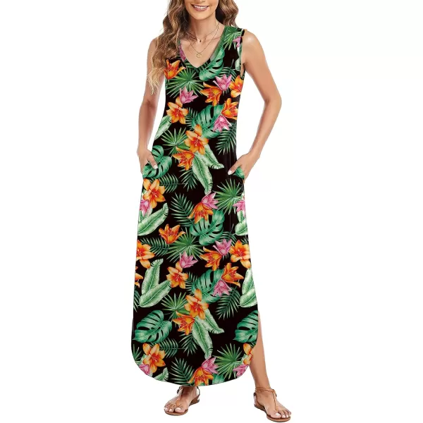 Arolina Maxi Dress for Women Tropical Summer V Neck Sleeveless Split Long Beach Dresses Casual Loose Sundress with PocketsOrangeblossom02
