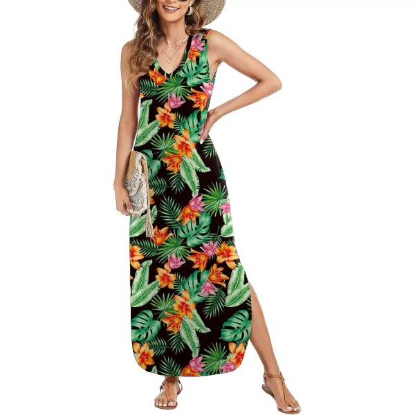 Arolina Maxi Dress for Women Tropical Summer V Neck Sleeveless Split Long Beach Dresses Casual Loose Sundress with PocketsOrangeblossom02