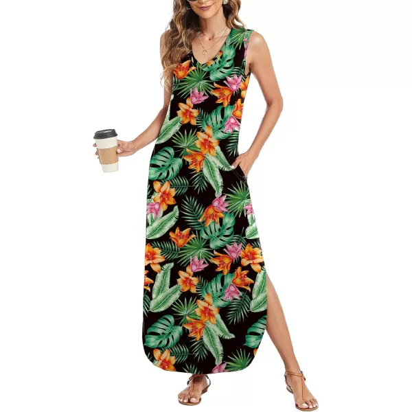 Arolina Maxi Dress for Women Tropical Summer V Neck Sleeveless Split Long Beach Dresses Casual Loose Sundress with PocketsOrangeblossom02