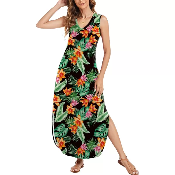 Arolina Maxi Dress for Women Tropical Summer V Neck Sleeveless Split Long Beach Dresses Casual Loose Sundress with PocketsOrangeblossom02