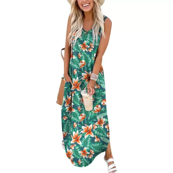 Arolina Maxi Dress for Women Tropical Summer V Neck Sleeveless Split Long Beach Dresses Casual Loose Sundress with PocketsOrangeflowers01