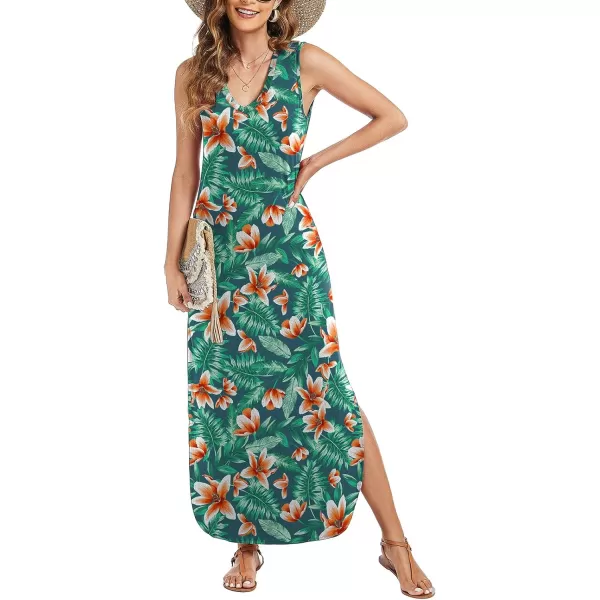 Arolina Maxi Dress for Women Tropical Summer V Neck Sleeveless Split Long Beach Dresses Casual Loose Sundress with PocketsOrangeflowers01